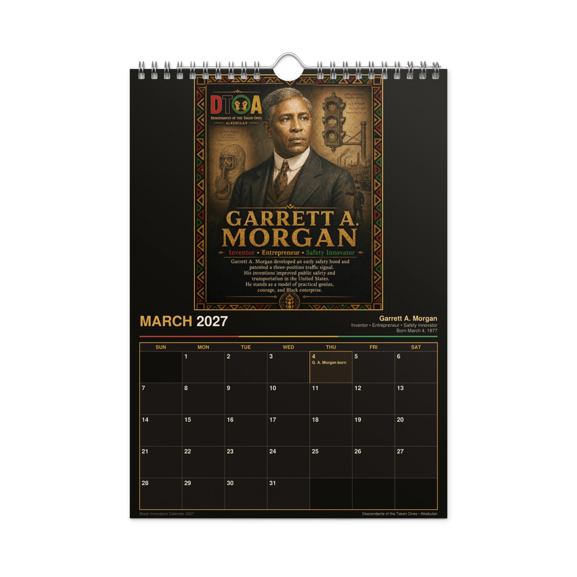 Black Innovators 2027 wall calendar — month page 8 featuring Black inventor portrait artwork