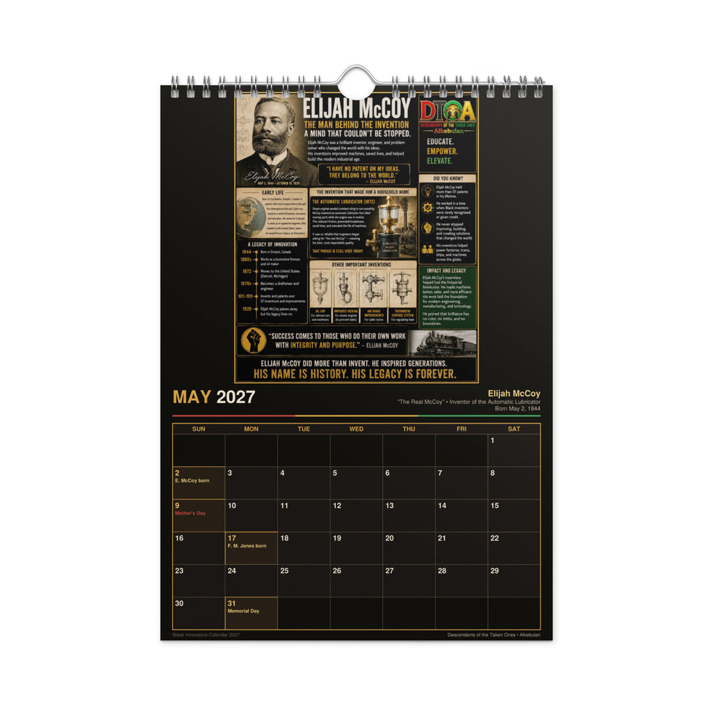 Black Innovators 2027 wall calendar — month page 9 featuring Black inventor portrait artwork
