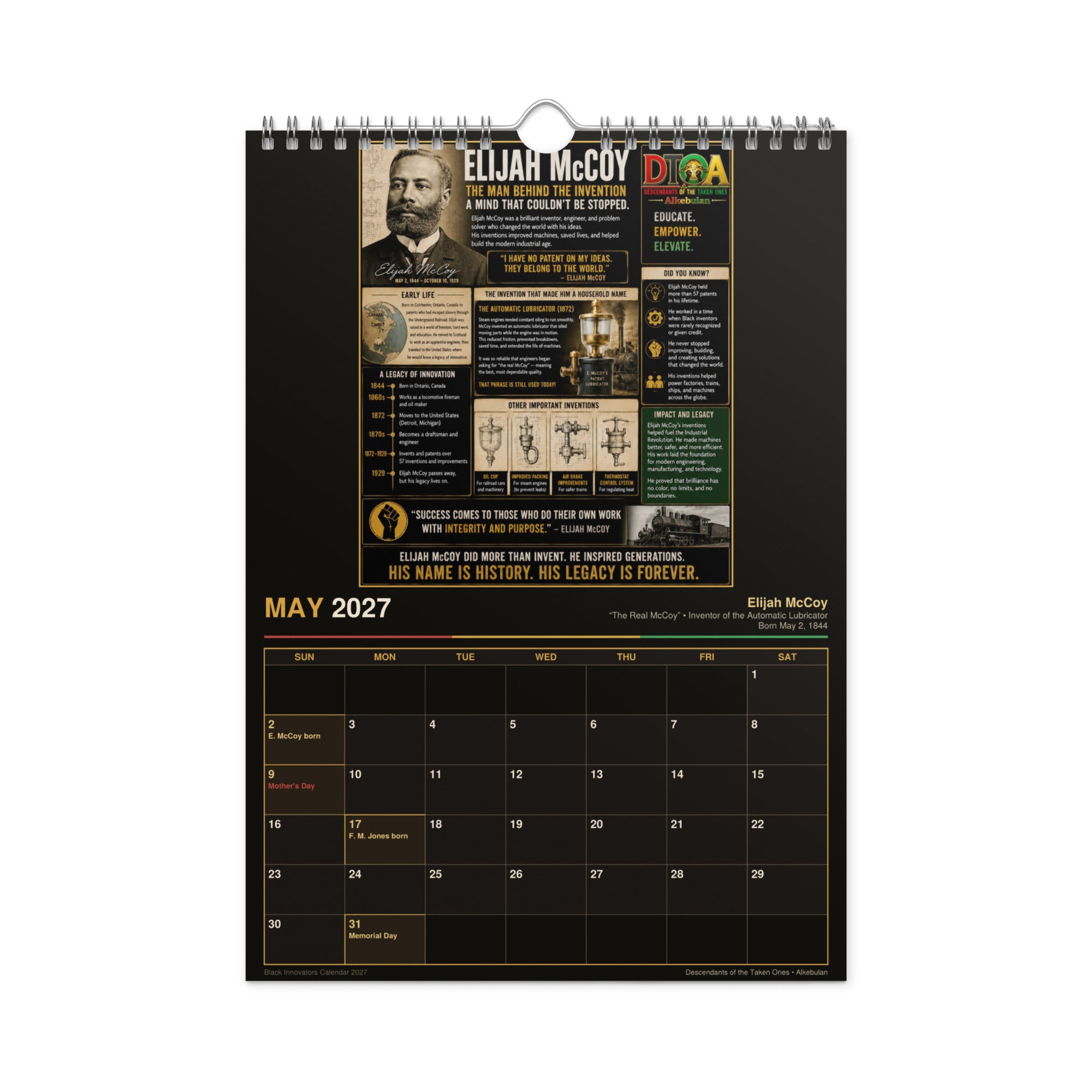 Black Innovators 2027 wall calendar — month page 9 featuring Black inventor portrait artwork