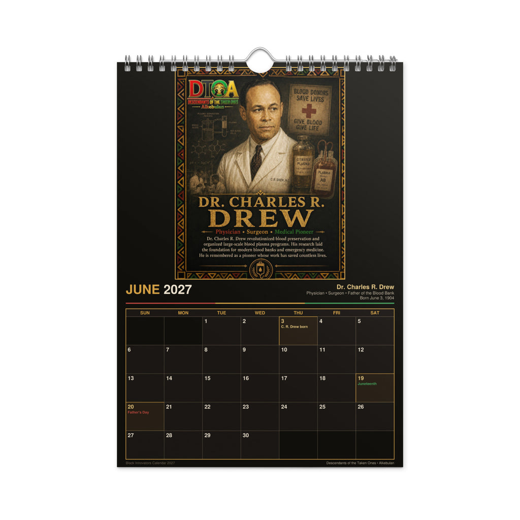 Black Innovators 2027 wall calendar — month page 7 featuring Black inventor portrait artwork