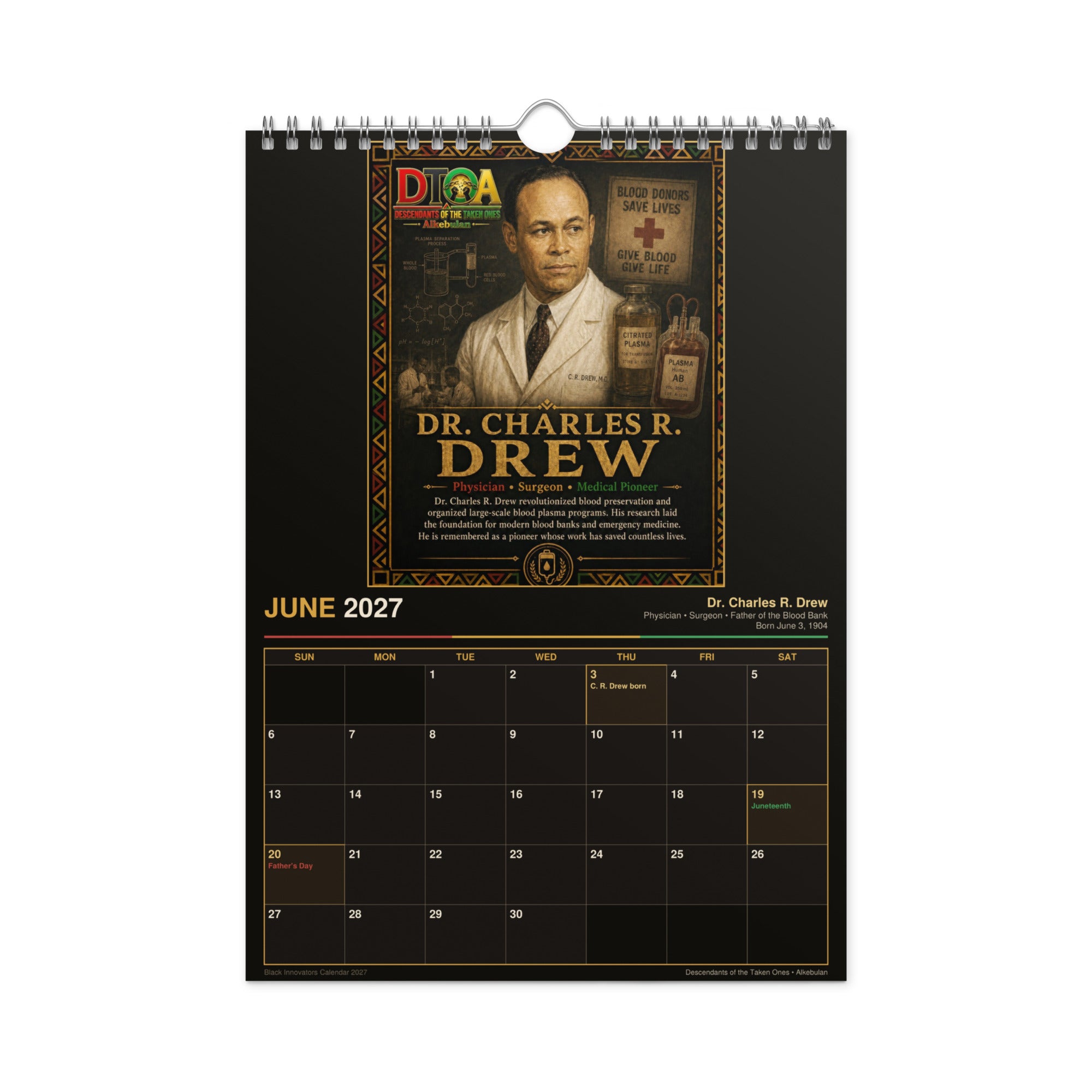 Black Innovators 2027 wall calendar — month page 7 featuring Black inventor portrait artwork