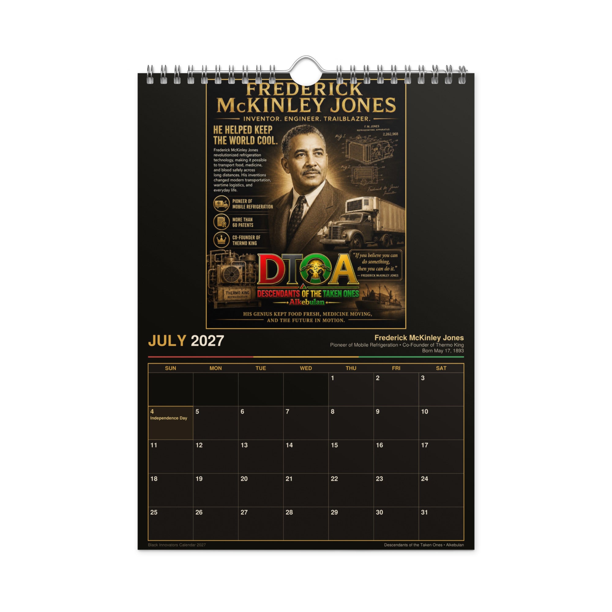 Black Innovators 2027 wall calendar — month page 6 featuring Black inventor portrait artwork