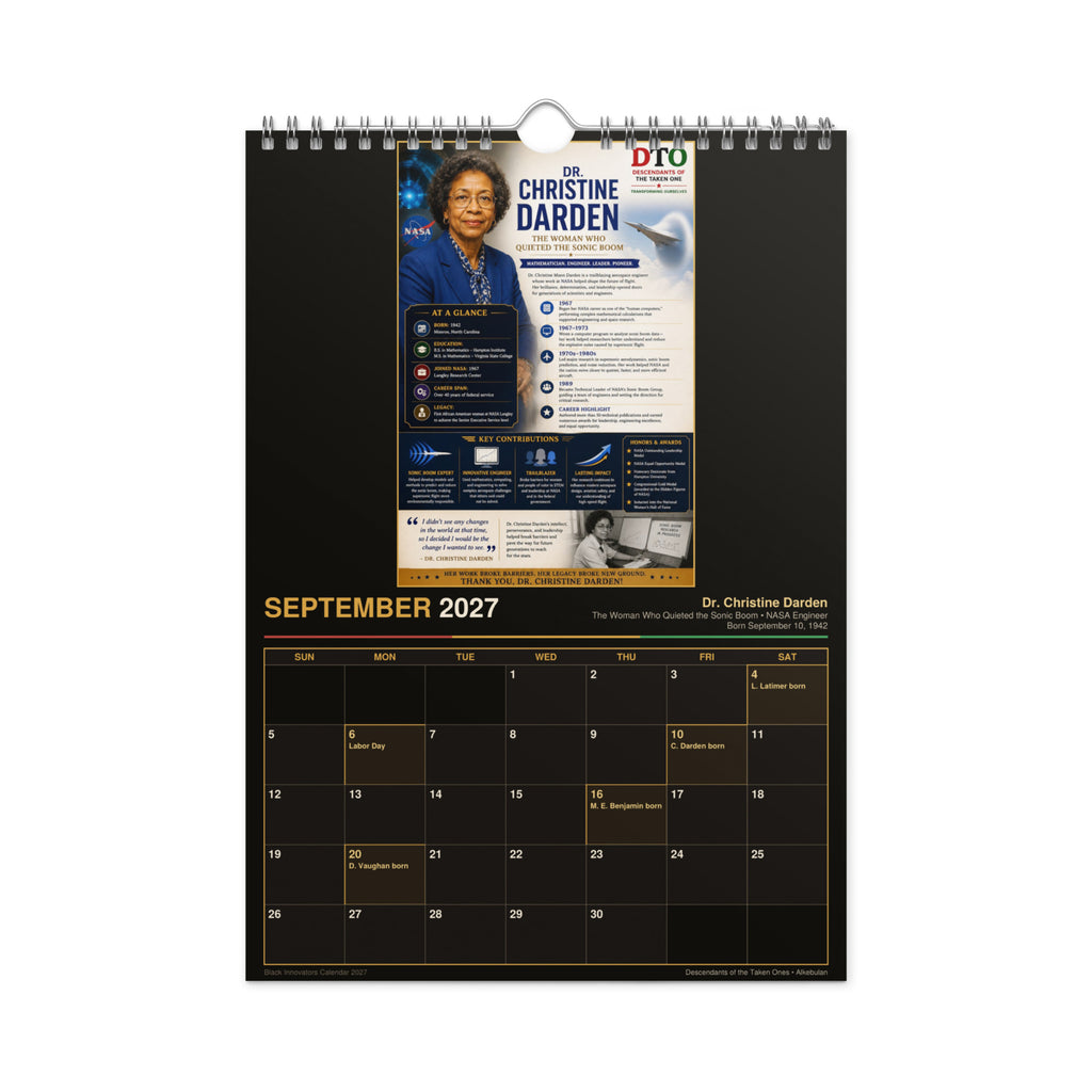Black Innovators 2027 wall calendar — product photo showing the calendar opened to a month page