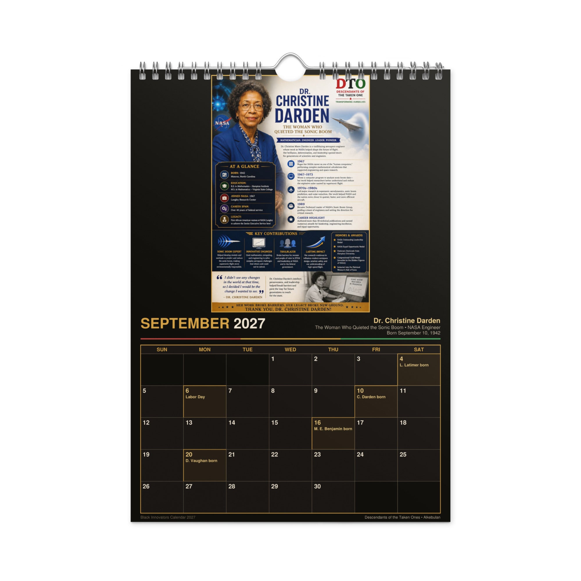 Black Innovators 2027 wall calendar — product photo showing the calendar opened to a month page