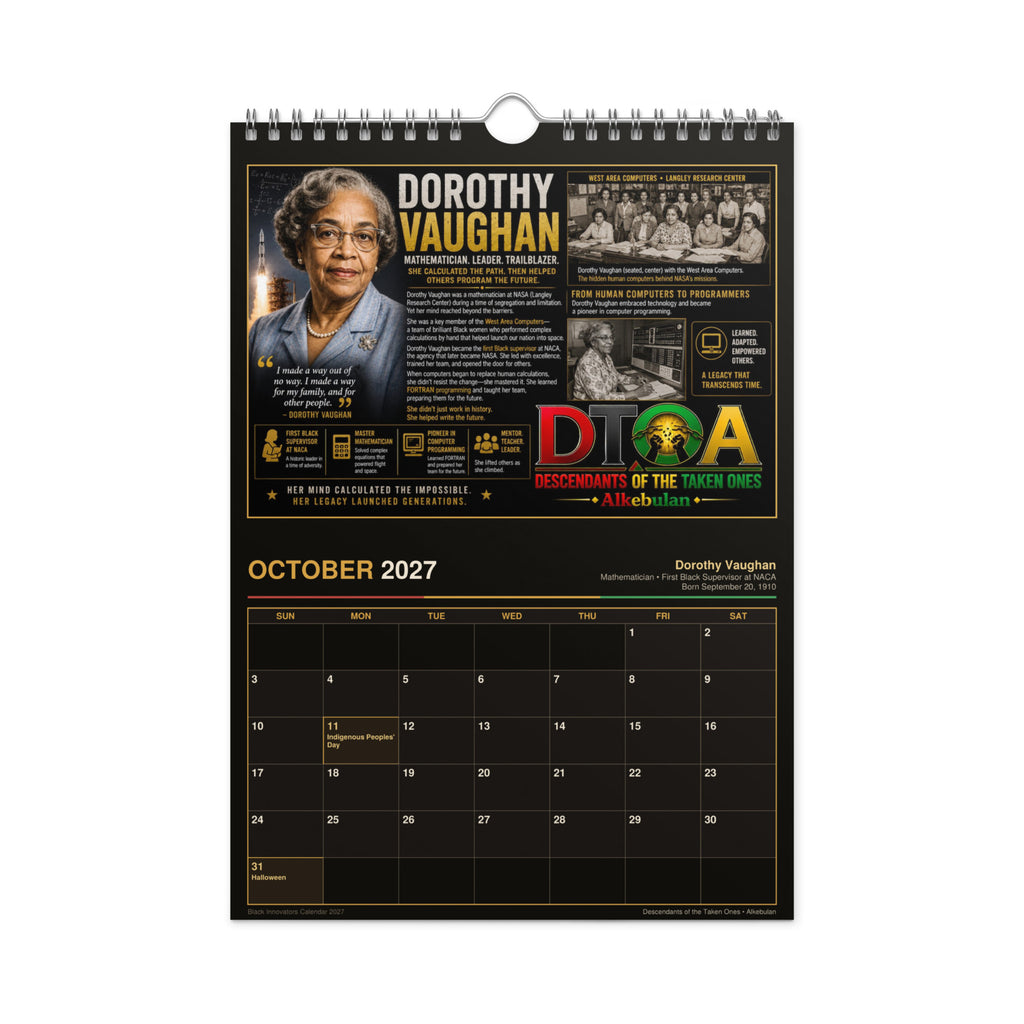Black Innovators 2027 wall calendar — product photo showing the calendar hanging with DTOA inventor portrait artwork
