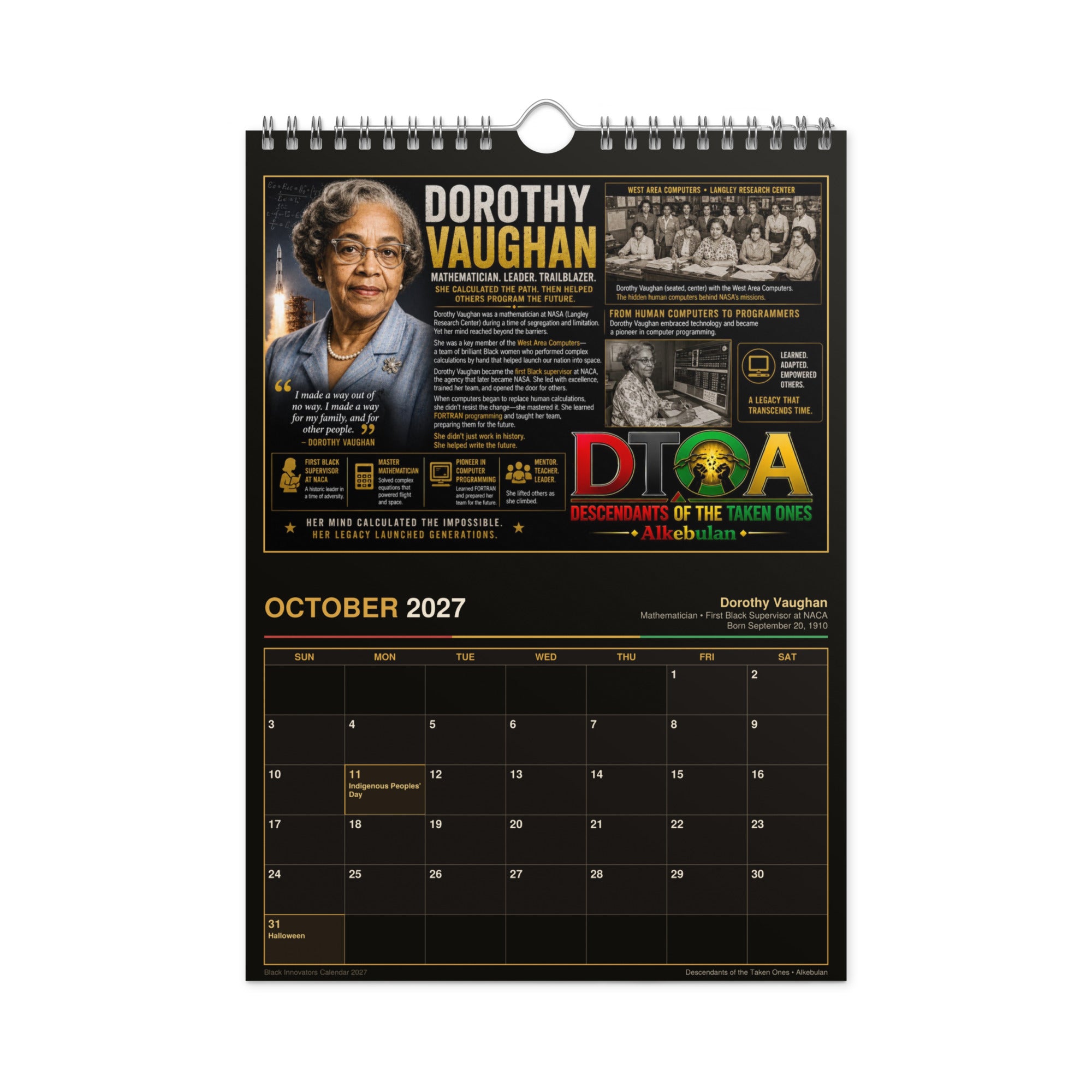 Black Innovators 2027 wall calendar — product photo showing the calendar hanging with DTOA inventor portrait artwork