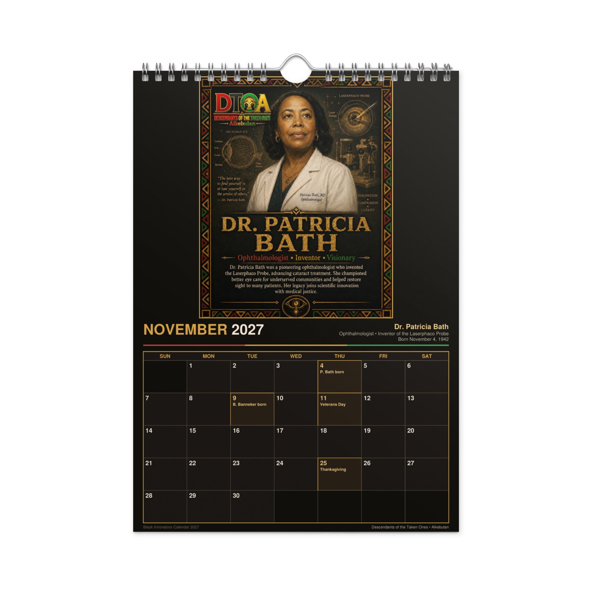 Black Innovators 2027 wall calendar — month page 10 featuring Black inventor portrait artwork