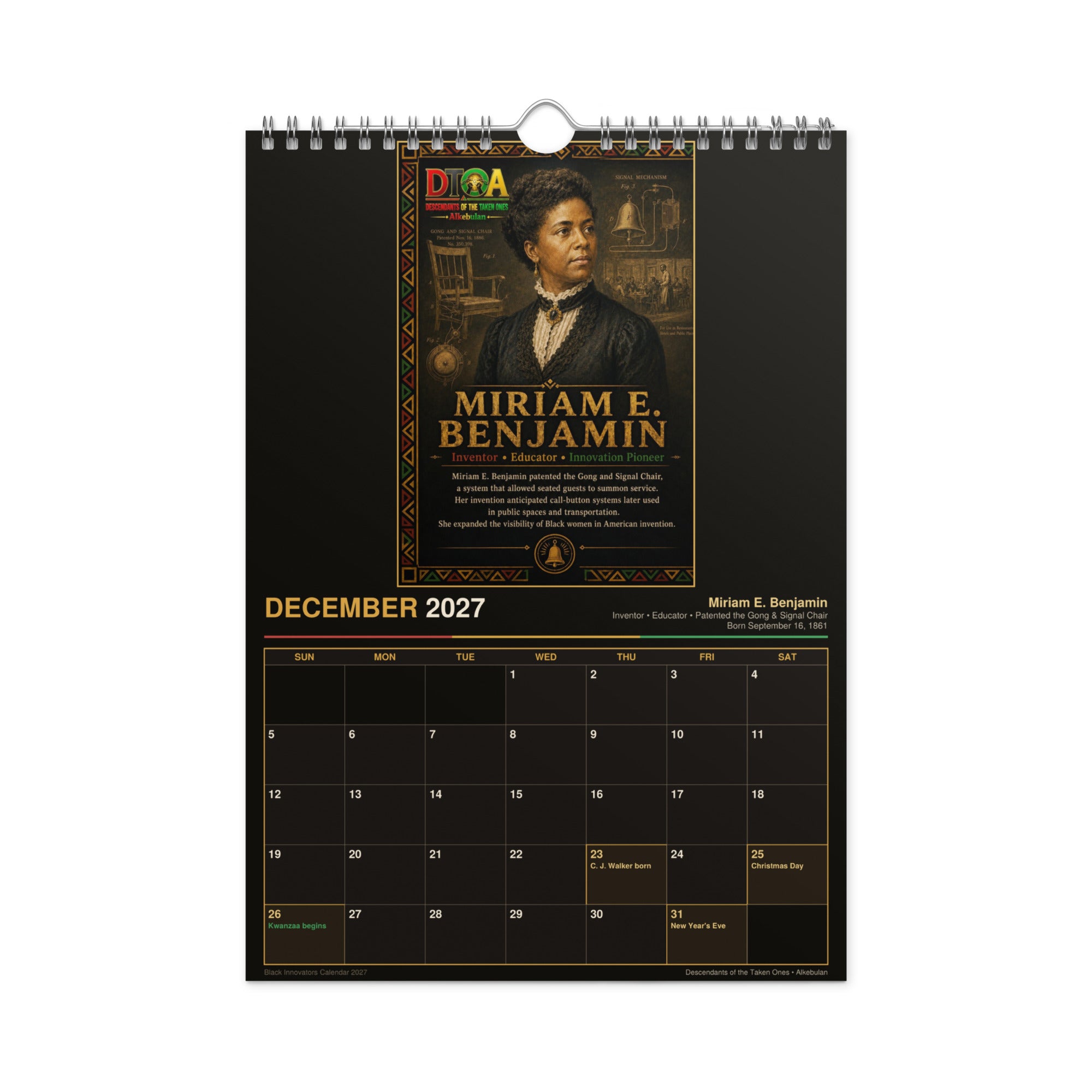 Black Innovators 2027 wall calendar — month page 4 featuring Black inventor portrait artwork