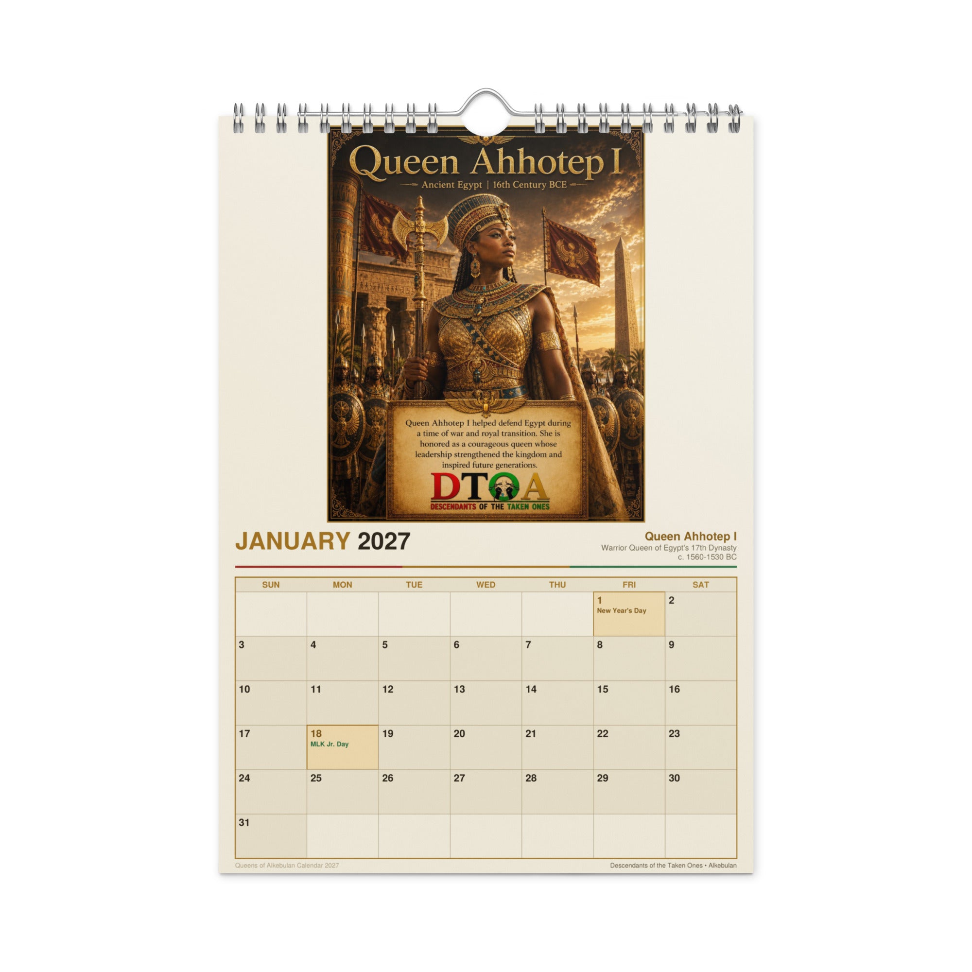 Queens of Alkebulan 2027 wall calendar — product photo showing the calendar's print detail