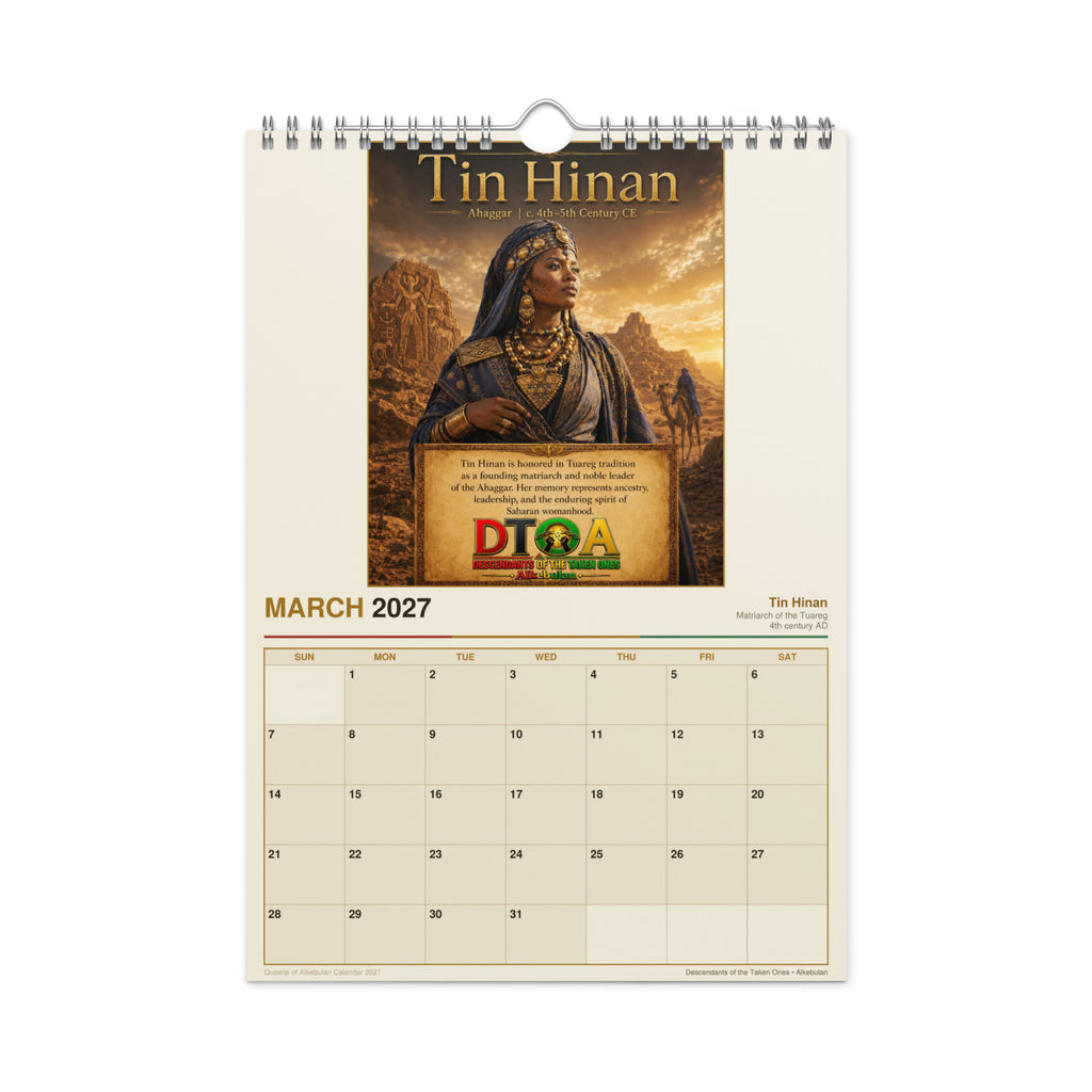 Queens of Alkebulan 2027 wall calendar — month page 8 featuring African queen portrait artwork