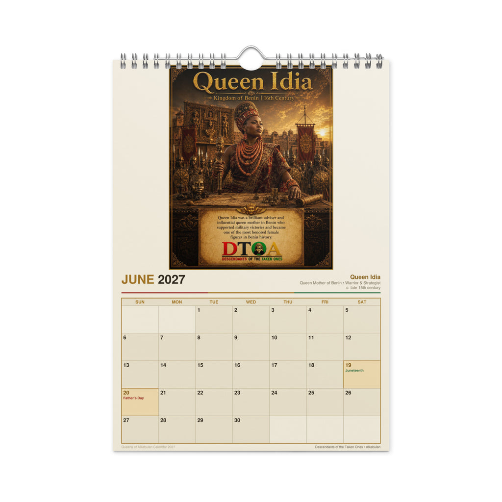 Queens of Alkebulan 2027 wall calendar — month page 7 featuring African queen portrait artwork