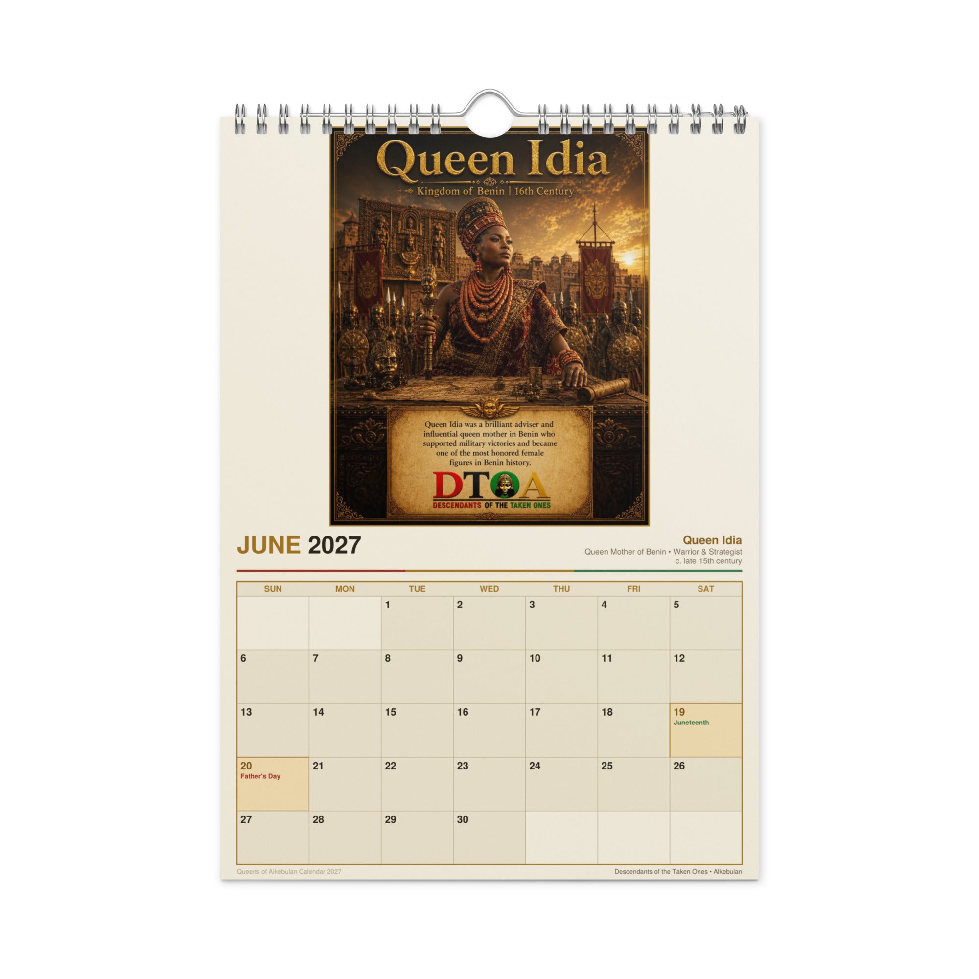 Queens of Alkebulan 2027 wall calendar — month page 7 featuring African queen portrait artwork