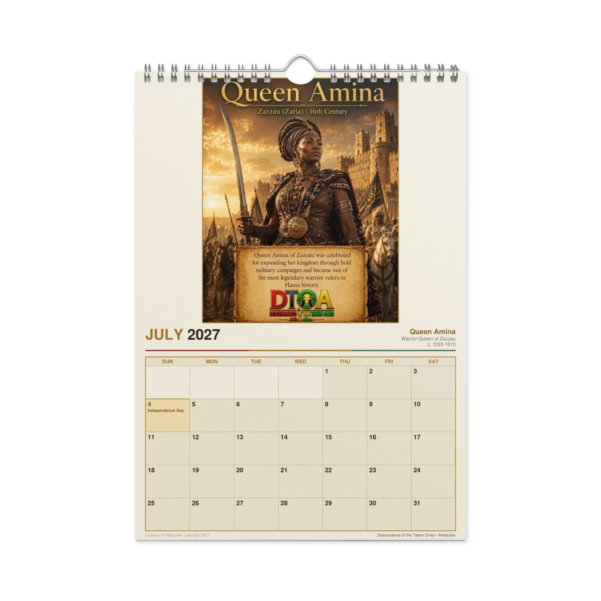 Queens of Alkebulan 2027 wall calendar — month page 6 featuring African queen portrait artwork