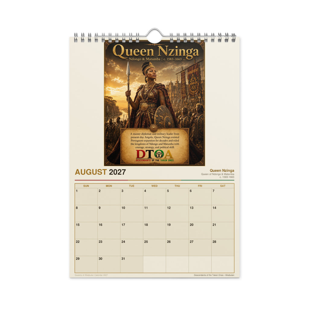 Queens of Alkebulan 2027 wall calendar — month page 2 featuring African queen portrait artwork
