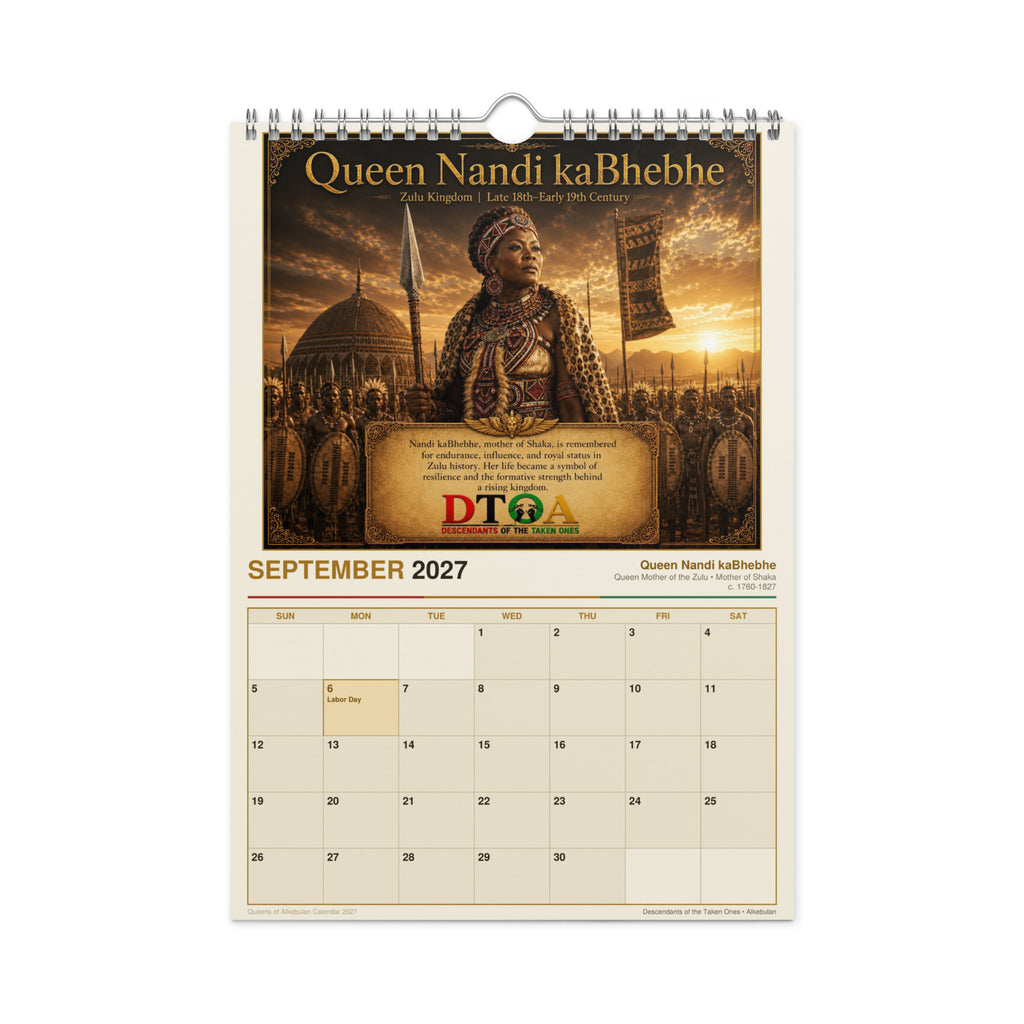 Queens of Alkebulan 2027 wall calendar — product photo showing the calendar opened to a month page