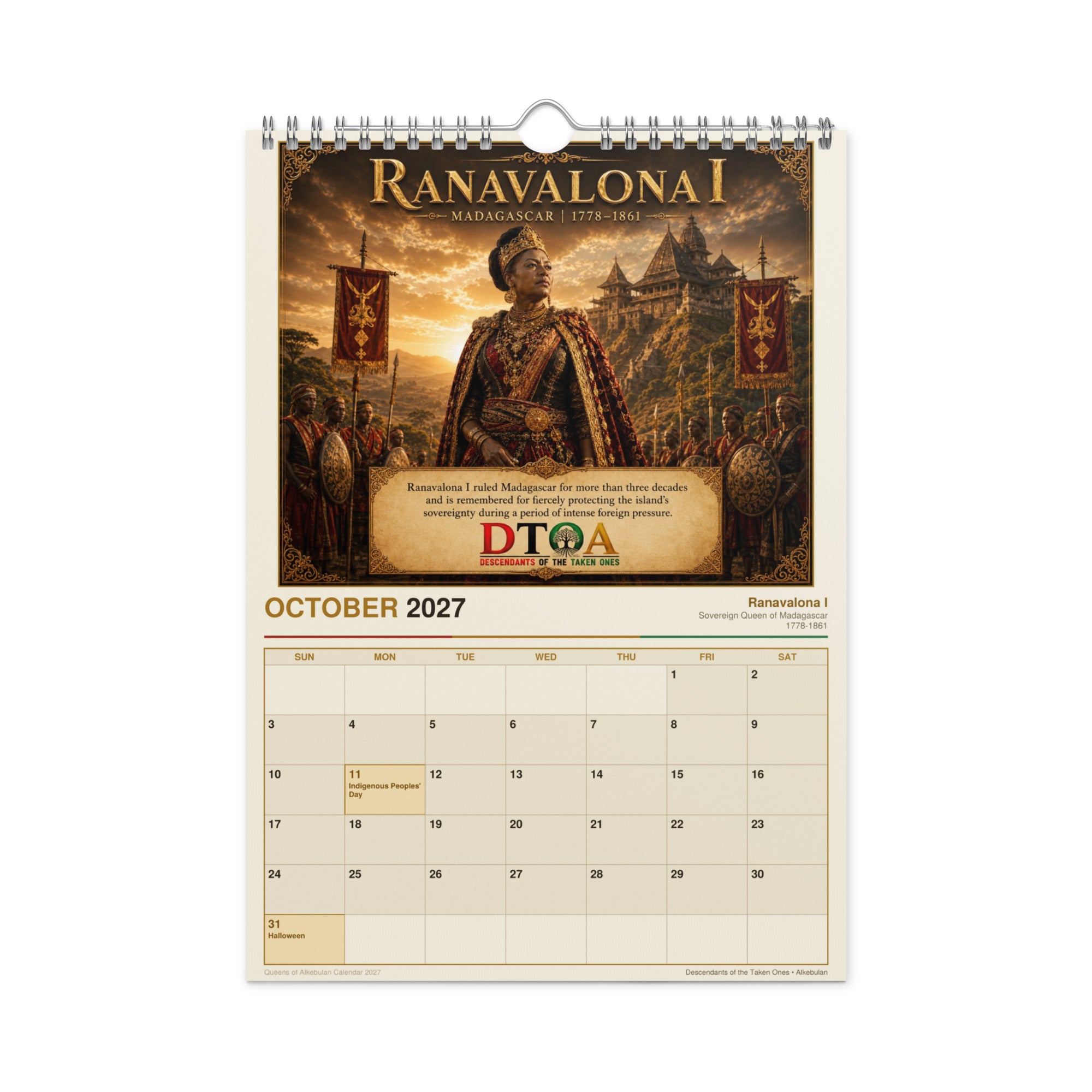 Queens of Alkebulan 2027 wall calendar — product photo showing the calendar hanging with African queen portrait artwork