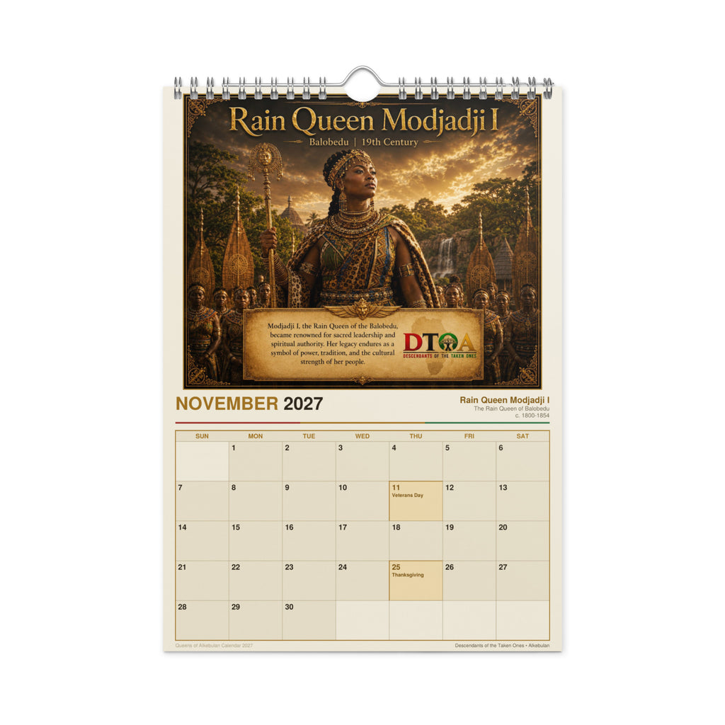 Queens of Alkebulan 2027 wall calendar — month page 10 featuring African queen portrait artwork