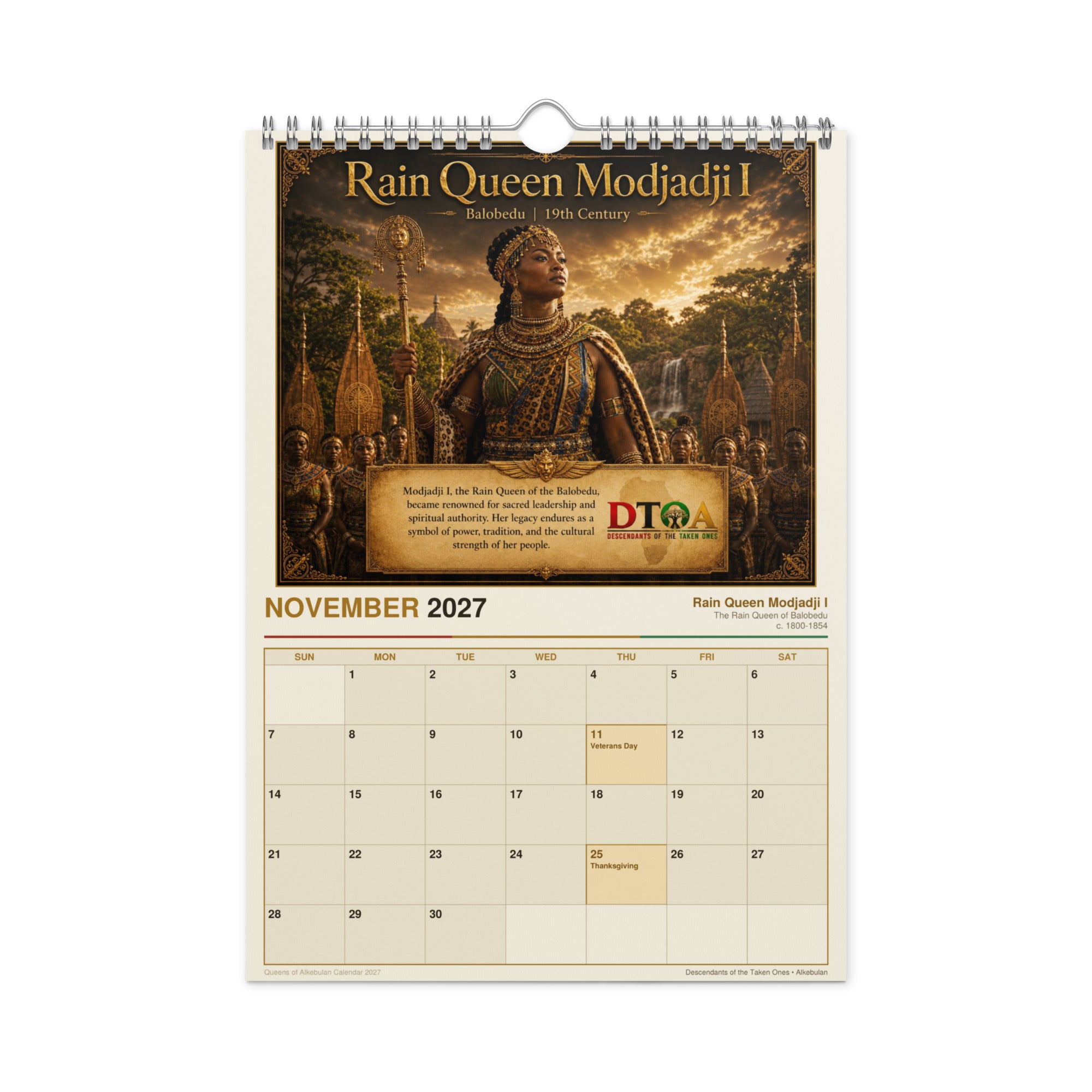 Queens of Alkebulan 2027 wall calendar — month page 10 featuring African queen portrait artwork