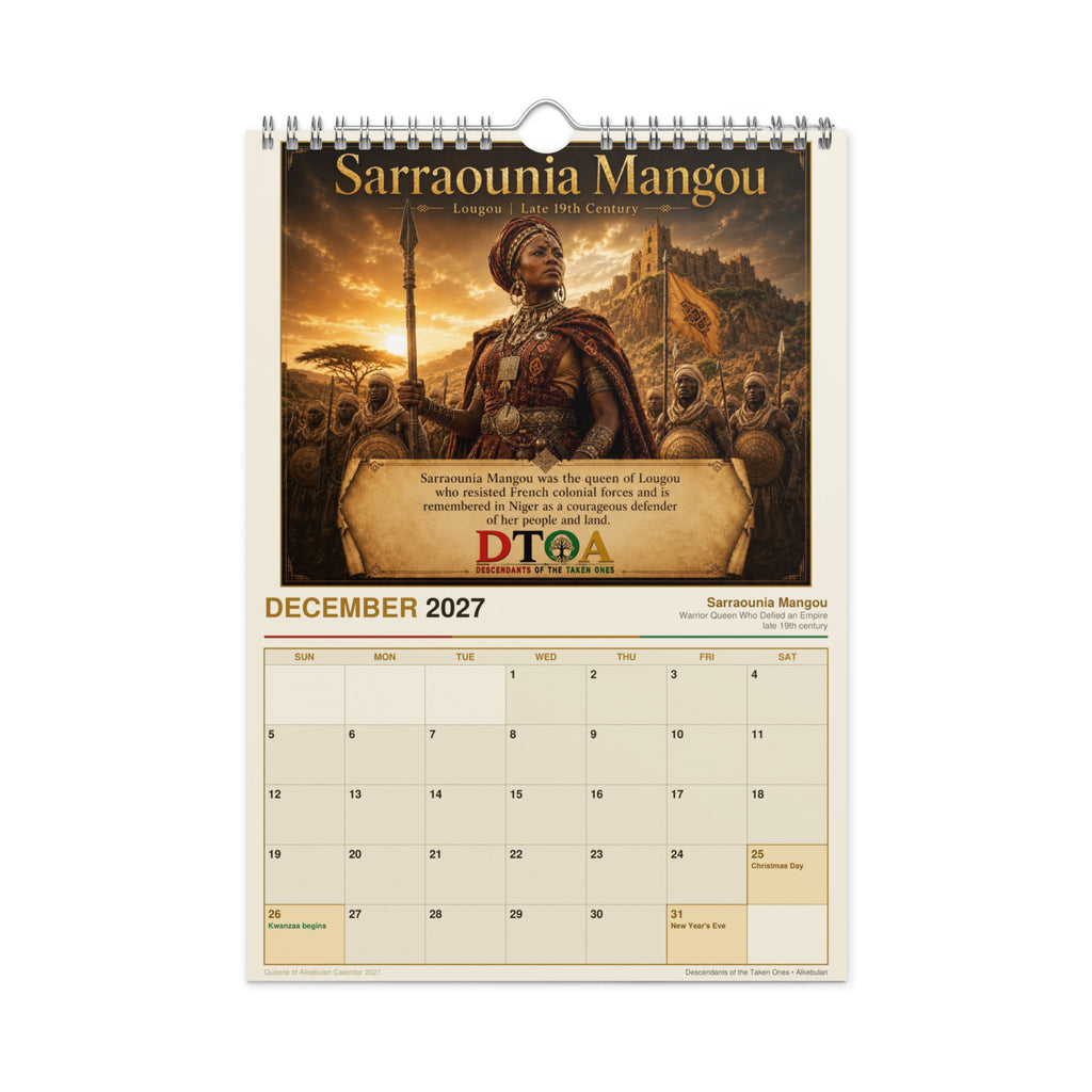 Queens of Alkebulan 2027 wall calendar — month page 4 featuring African queen portrait artwork
