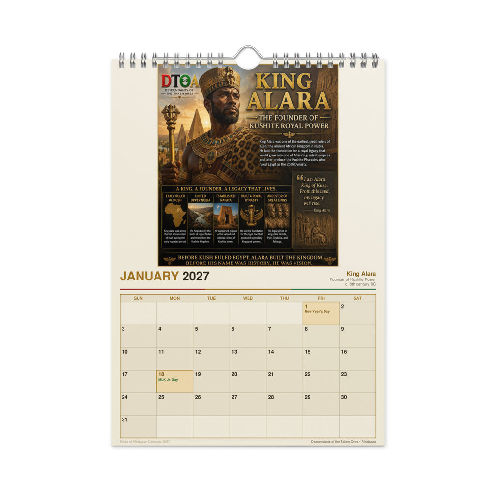 Kings of Alkebulan 2027 wall calendar — product photo showing the calendar's print detail