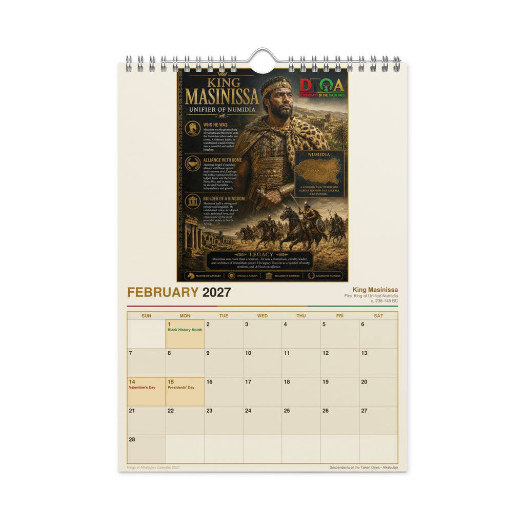 Kings of Alkebulan 2027 wall calendar — month page 5 featuring African king portrait artwork