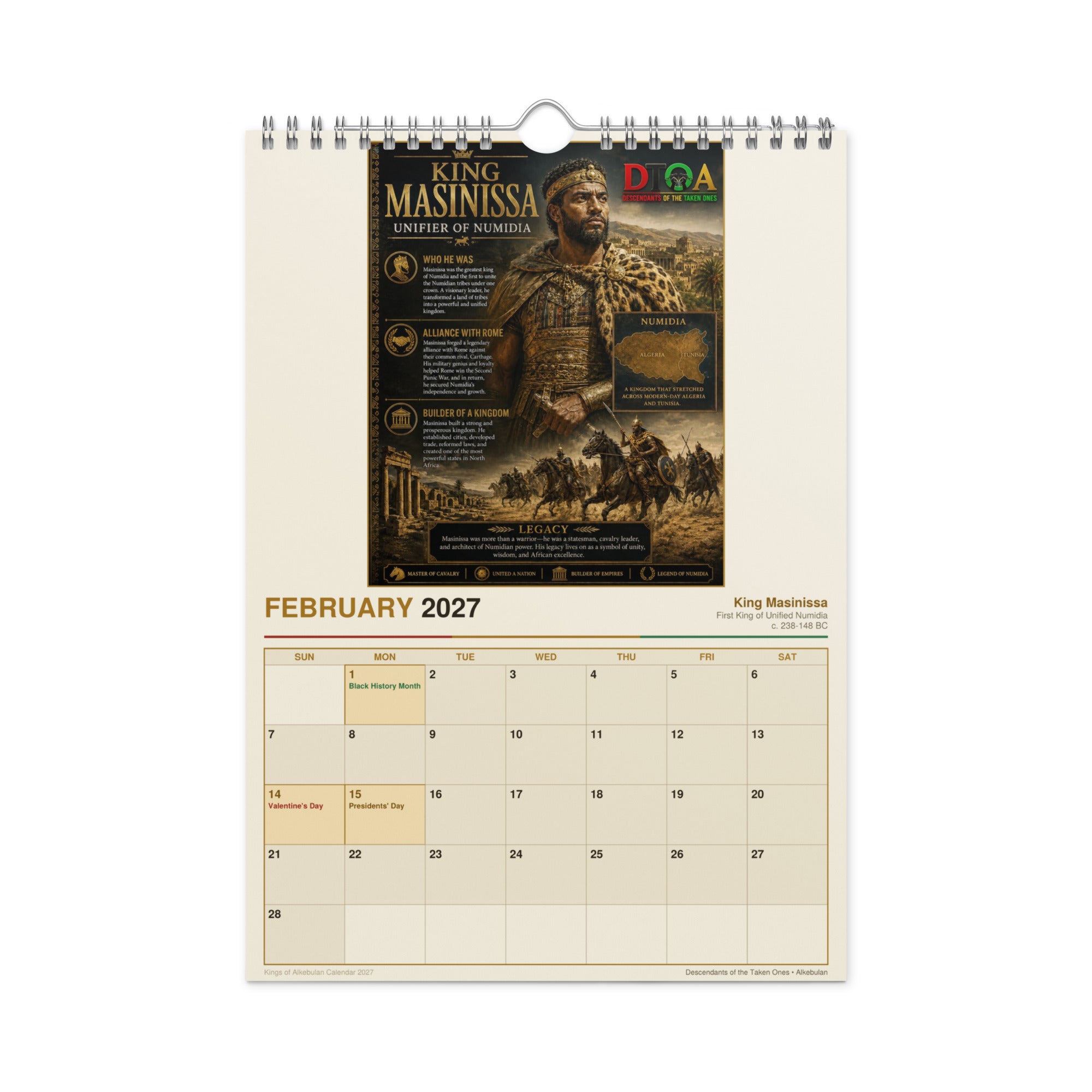 Kings of Alkebulan 2027 wall calendar — month page 5 featuring African king portrait artwork