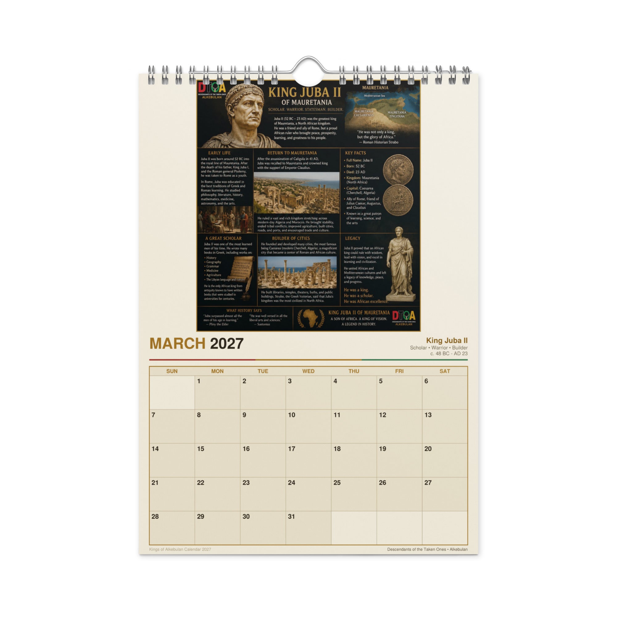 Kings of Alkebulan 2027 wall calendar — month page 8 featuring African king portrait artwork
