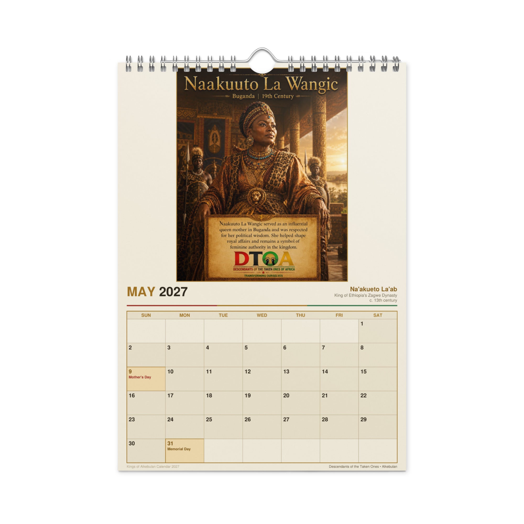 Kings of Alkebulan 2027 wall calendar — month page 9 featuring African king portrait artwork