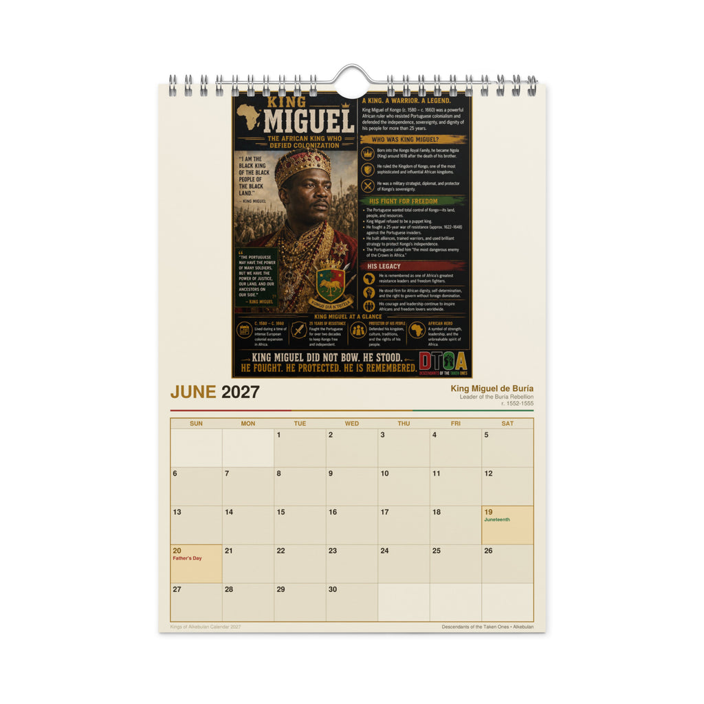 Kings of Alkebulan 2027 wall calendar — month page 7 featuring African king portrait artwork