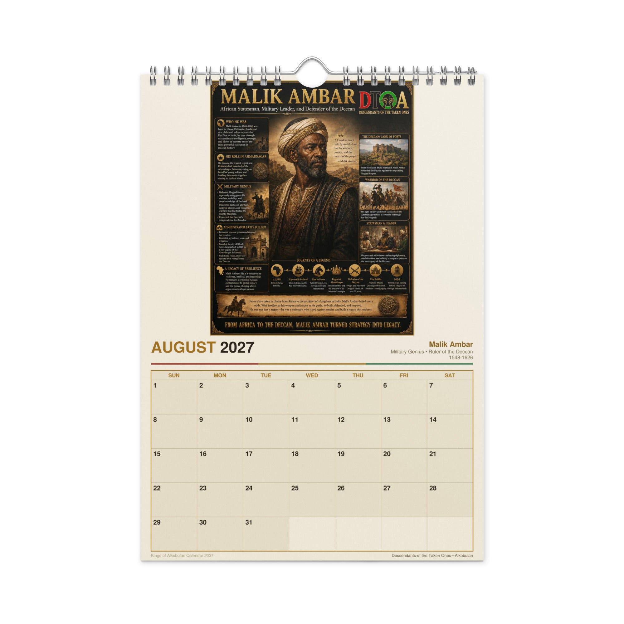 Kings of Alkebulan 2027 wall calendar — month page 2 featuring African king portrait artwork