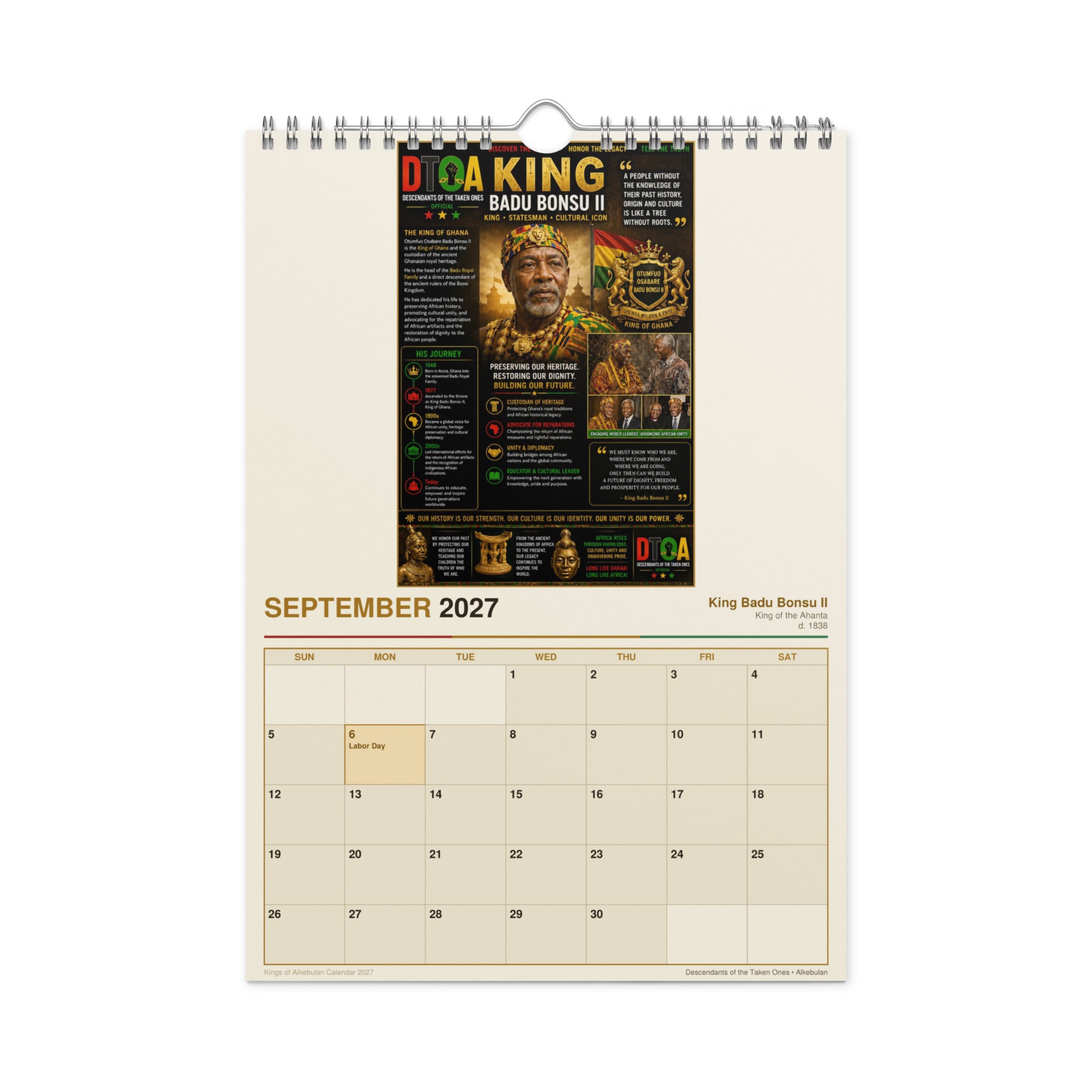 Kings of Alkebulan 2027 wall calendar — product photo showing the calendar opened to a month page