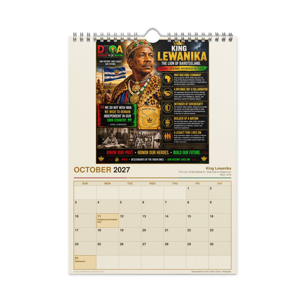 Kings of Alkebulan 2027 wall calendar — product photo showing the calendar hanging with African king portrait artwork