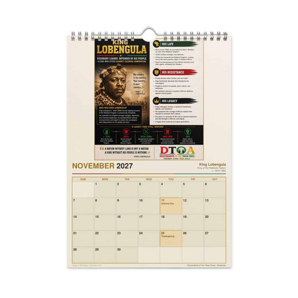 Kings of Alkebulan 2027 wall calendar — month page 10 featuring African king portrait artwork