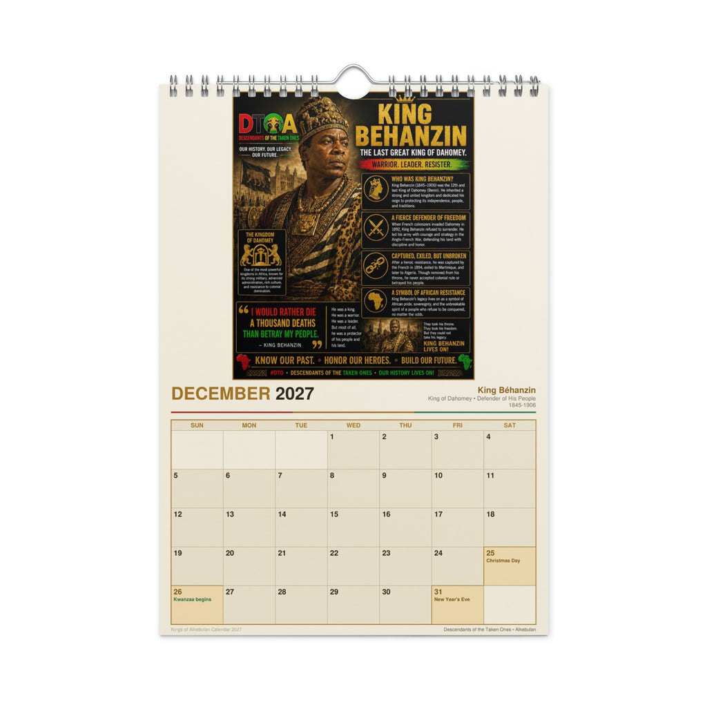 Kings of Alkebulan 2027 wall calendar — month page 4 featuring African king portrait artwork