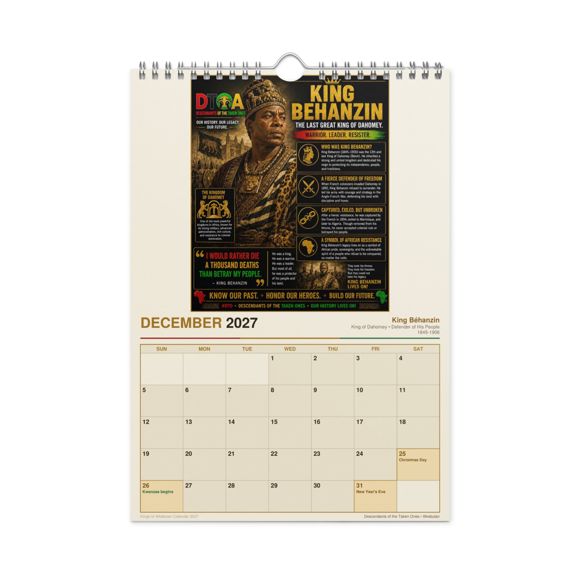 Kings of Alkebulan 2027 wall calendar — month page 4 featuring African king portrait artwork