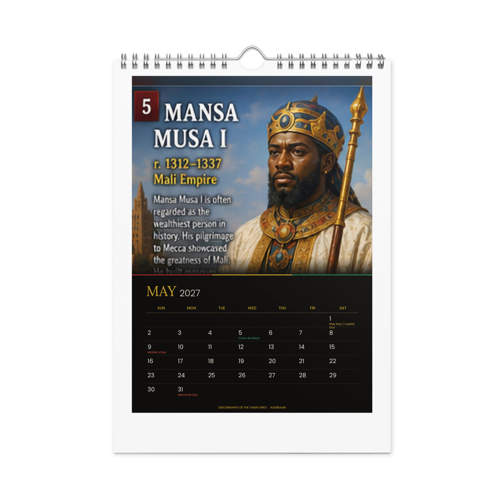 Kings of Alkebulan 2027 wall calendar, Black & Gold Edition — May 2027 page featuring Mansa Musa I of the Mali Empire