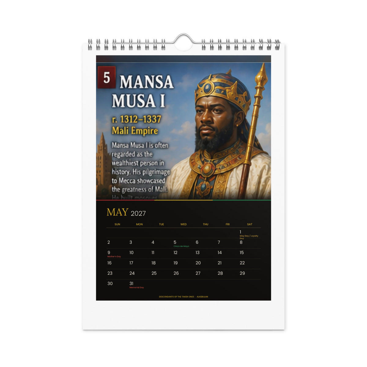 Kings of Alkebulan 2027 wall calendar, Black & Gold Edition — May 2027 page featuring Mansa Musa I of the Mali Empire