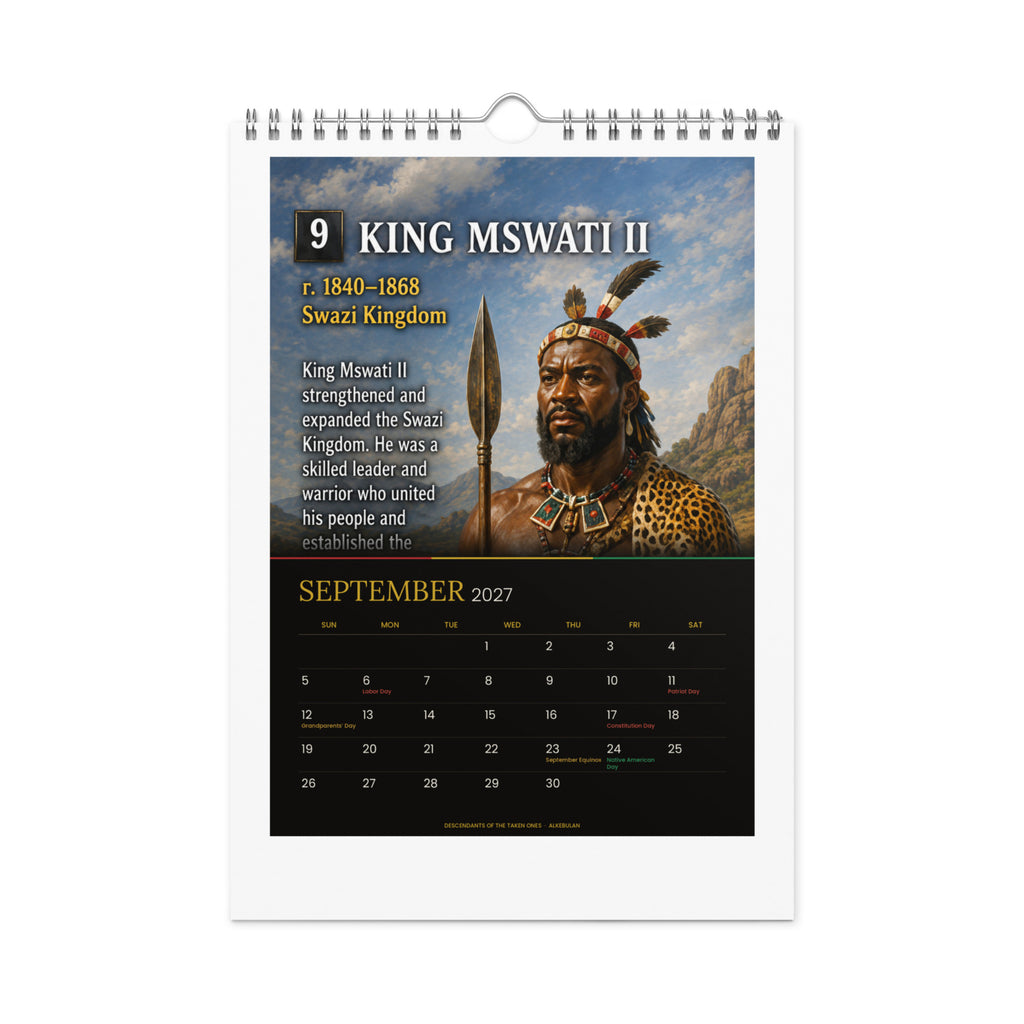 Kings of Alkebulan 2027 wall calendar, Black & Gold Edition — September 2027 page featuring King Mswati II of the Swazi Kingdom