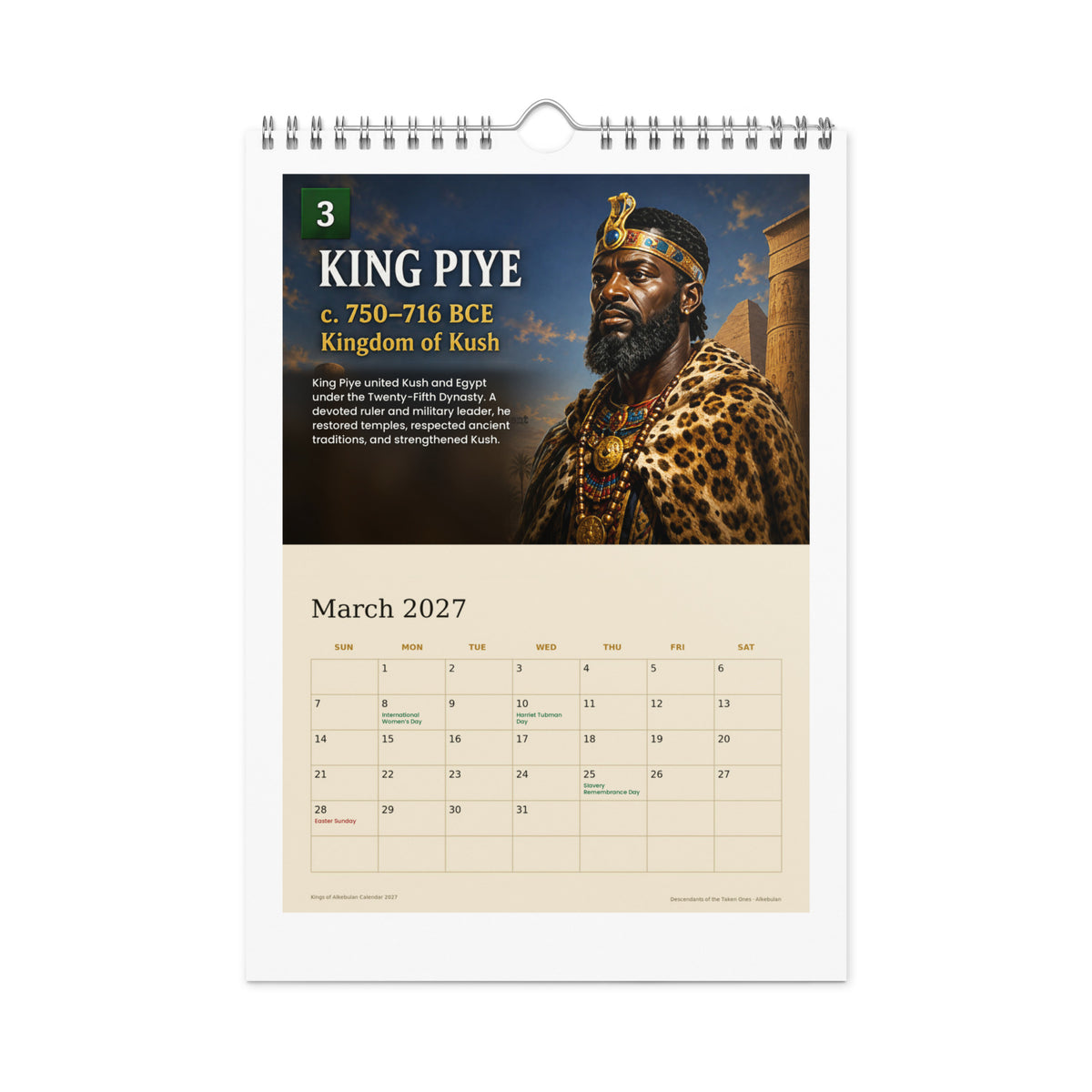 March 2027 page — King Piye of Kush, with Harriet Tubman Day and Slavery Remembrance Day marked