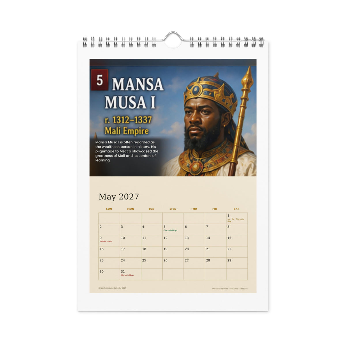 May 2027 page — Mansa Musa I of the Mali Empire, with Mother's Day and Memorial Day marked