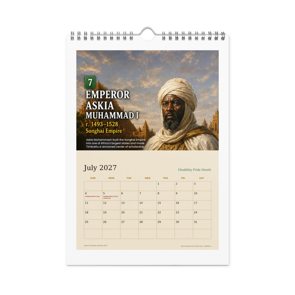 July 2027 page — Emperor Askia Muhammad I of Songhai, with Independence Day and Disability Pride Month noted