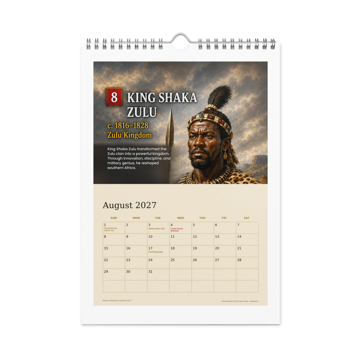 August 2027 page — King Shaka Zulu, who transformed the Zulu clan into a kingdom, above a cream date grid