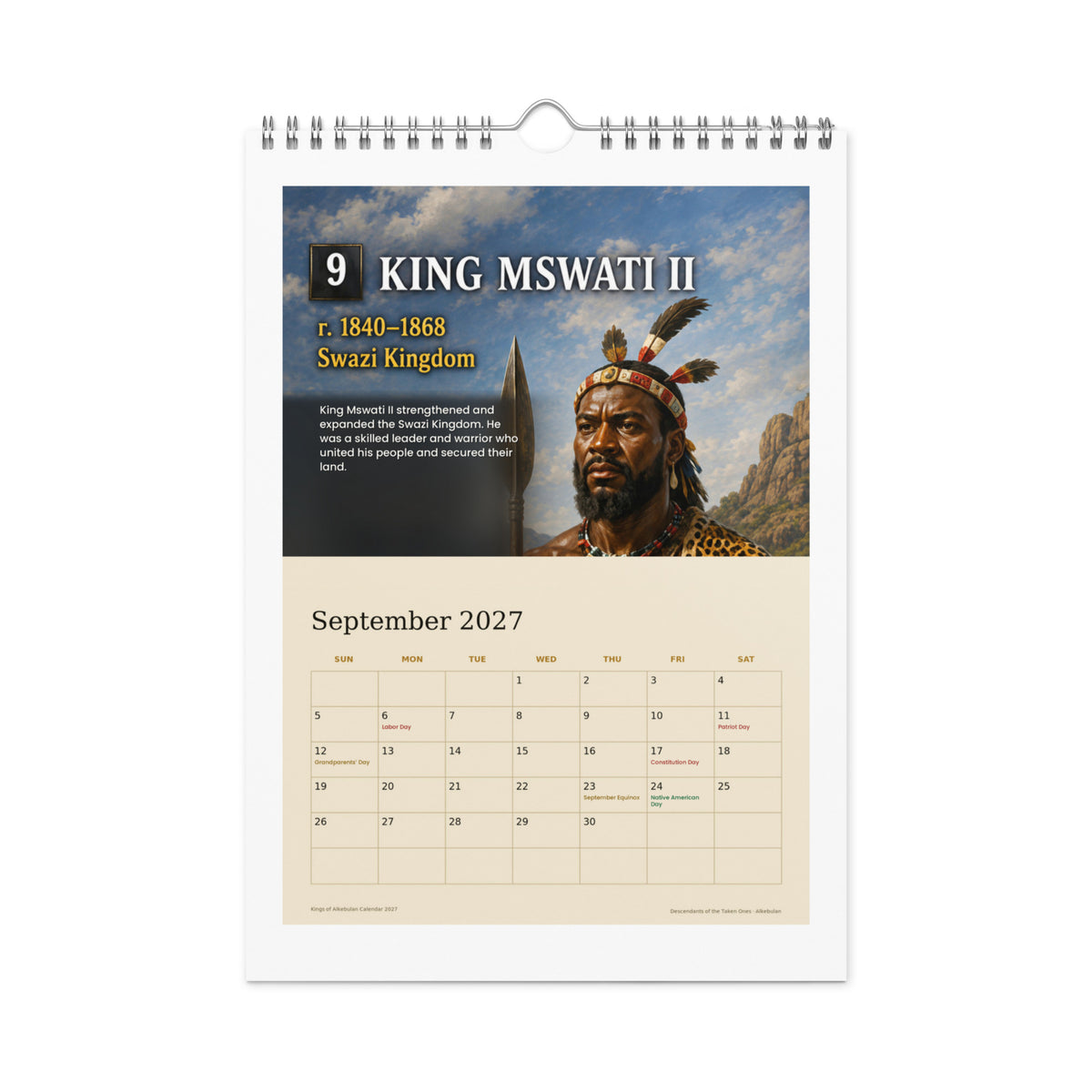 September 2027 page — King Mswati II of the Swazi Kingdom, with Labor Day and Native American Day marked