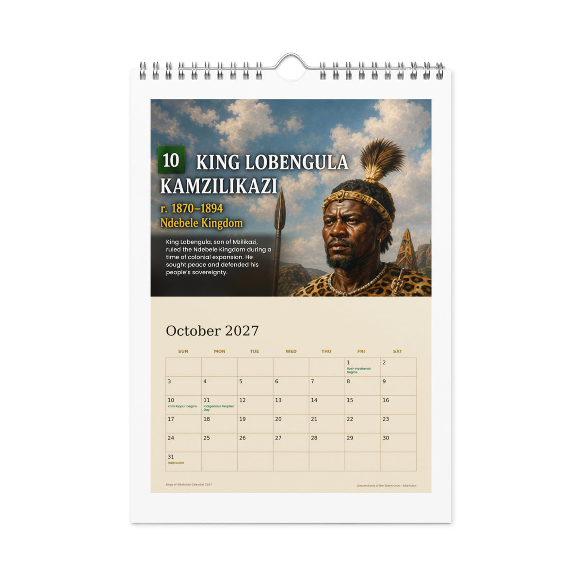 October 2027 page — King Lobengula Kamzilikazi of the Ndebele, with Indigenous Peoples' Day marked
