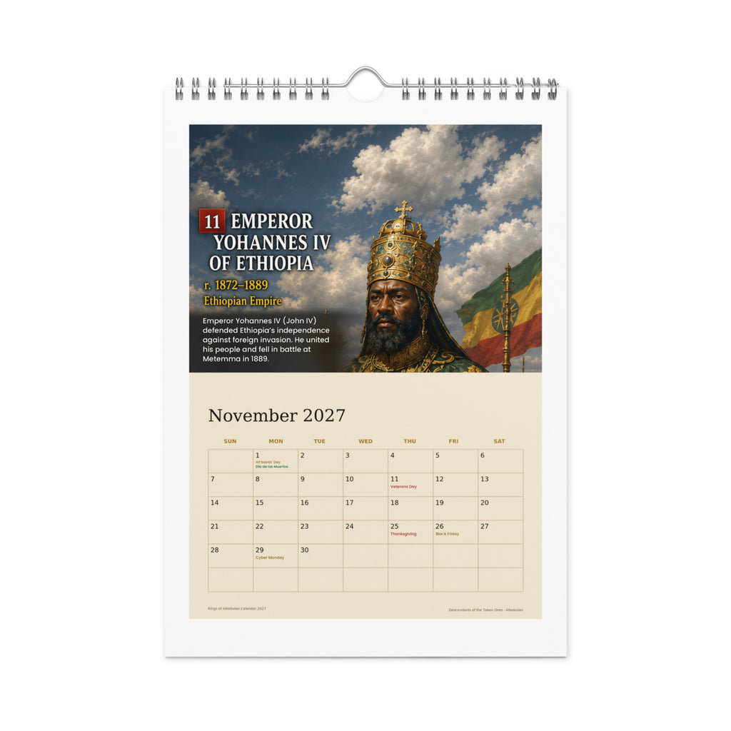 November 2027 page — Emperor Yohannes IV of Ethiopia, with Veterans Day and Thanksgiving marked