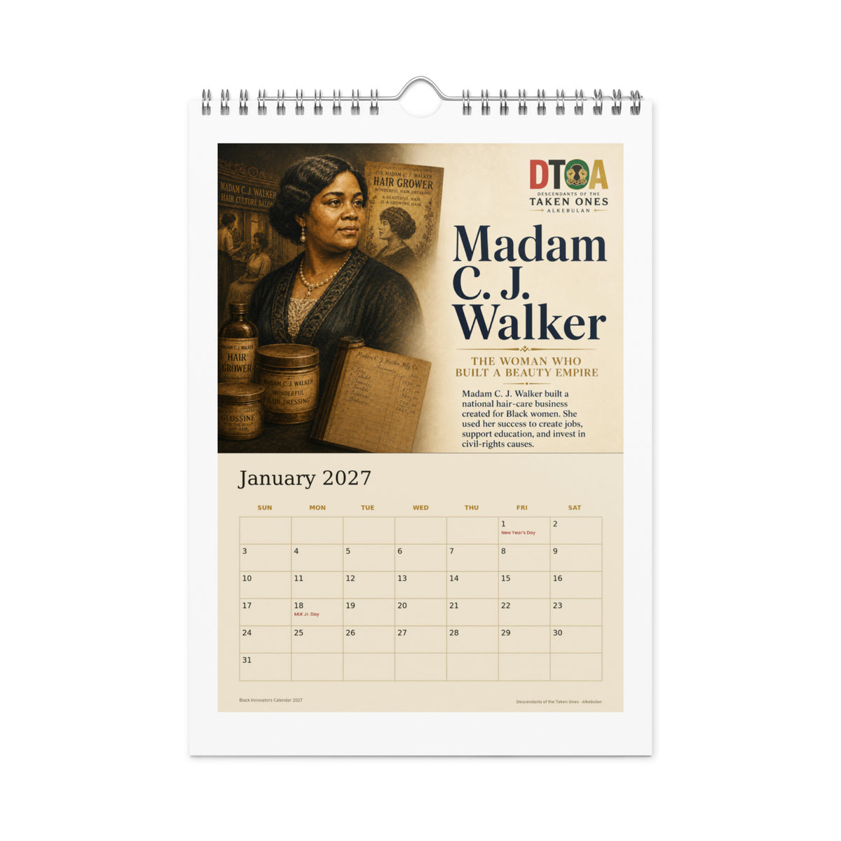 Black Innovators 2027 wall calendar — January page featuring Madam C.J. Walker, America's first self-made woman millionaire