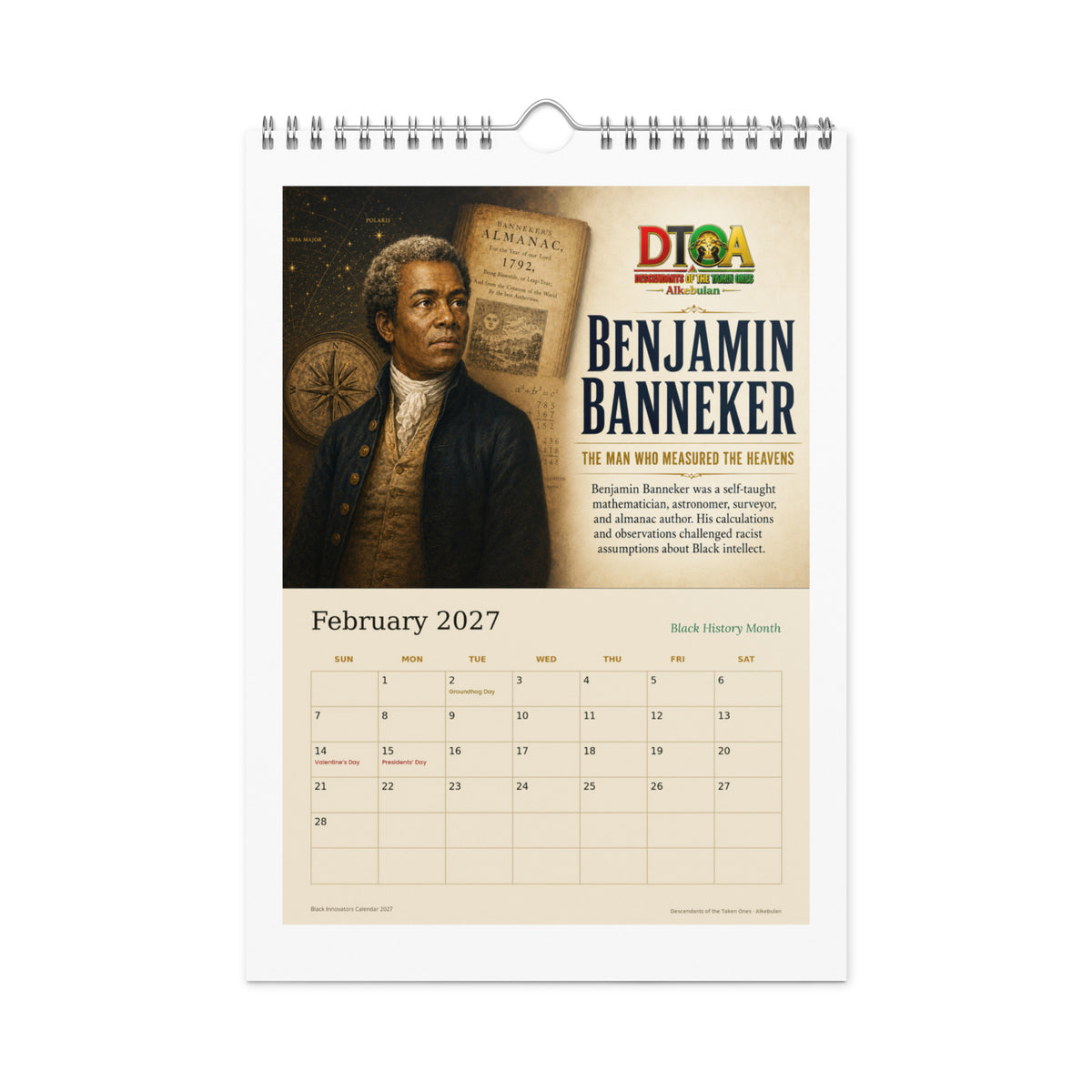 Black Innovators 2027 wall calendar — February page featuring Benjamin Banneker, astronomer and almanac author
