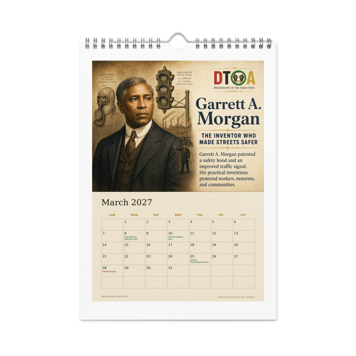 Black Innovators 2027 wall calendar — March page featuring Garrett A. Morgan, inventor of the three-position traffic signal