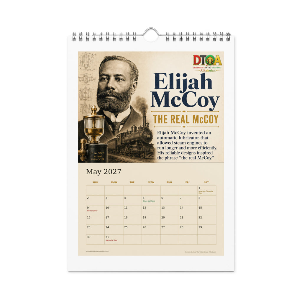 Black Innovators 2027 wall calendar — May page featuring Elijah McCoy, the real McCoy of industrial lubrication