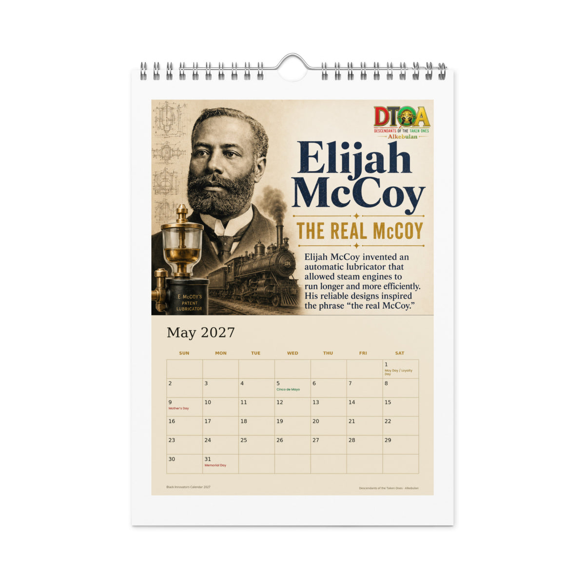 Black Innovators 2027 wall calendar — May page featuring Elijah McCoy, the real McCoy of industrial lubrication